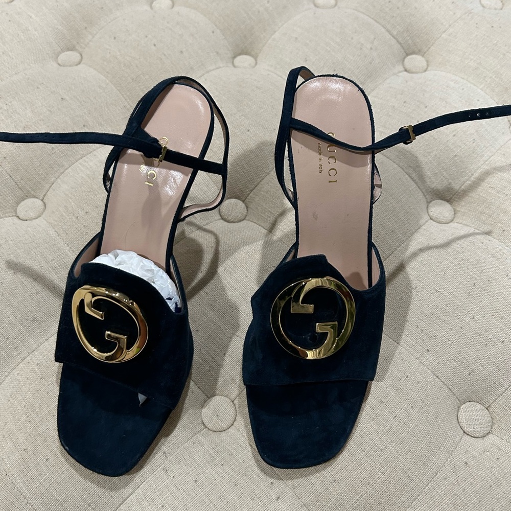 Gucci Blondie Interlocking G logo navy blue suede sandals - size 38